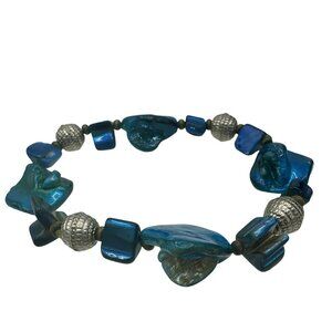 Vintage Stretch Abalone Shell and Blue Beads Bracelet Fashion Costume Jewelry